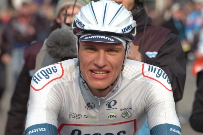 A happy Marcel Kittel (Argos-Shimano) heads to the podium after his Scheldeprijs victory