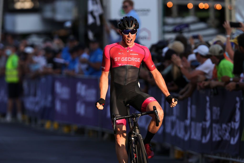 Cameron Ivory (St George Continental Cycling Team) hits the line to win the elite men's criterium title
