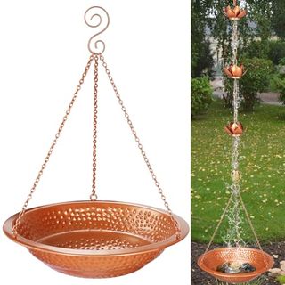 13 Inch Rain Chain Basin for Gutter Rain Chain, Copper Plated Rain Chain Anchoring Bowl Dish, Diy Rain Chain Basin With Drainage, Hanging Birdbath, for Outdoor Garden Lawn Patio Water Features