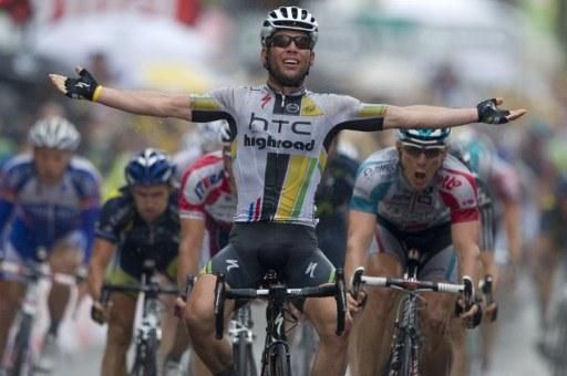 Mark Cavendish (HTC-Highroad) celebrates his sprint victory on stage 11, the Manxman's third stage win at this year's Tour.