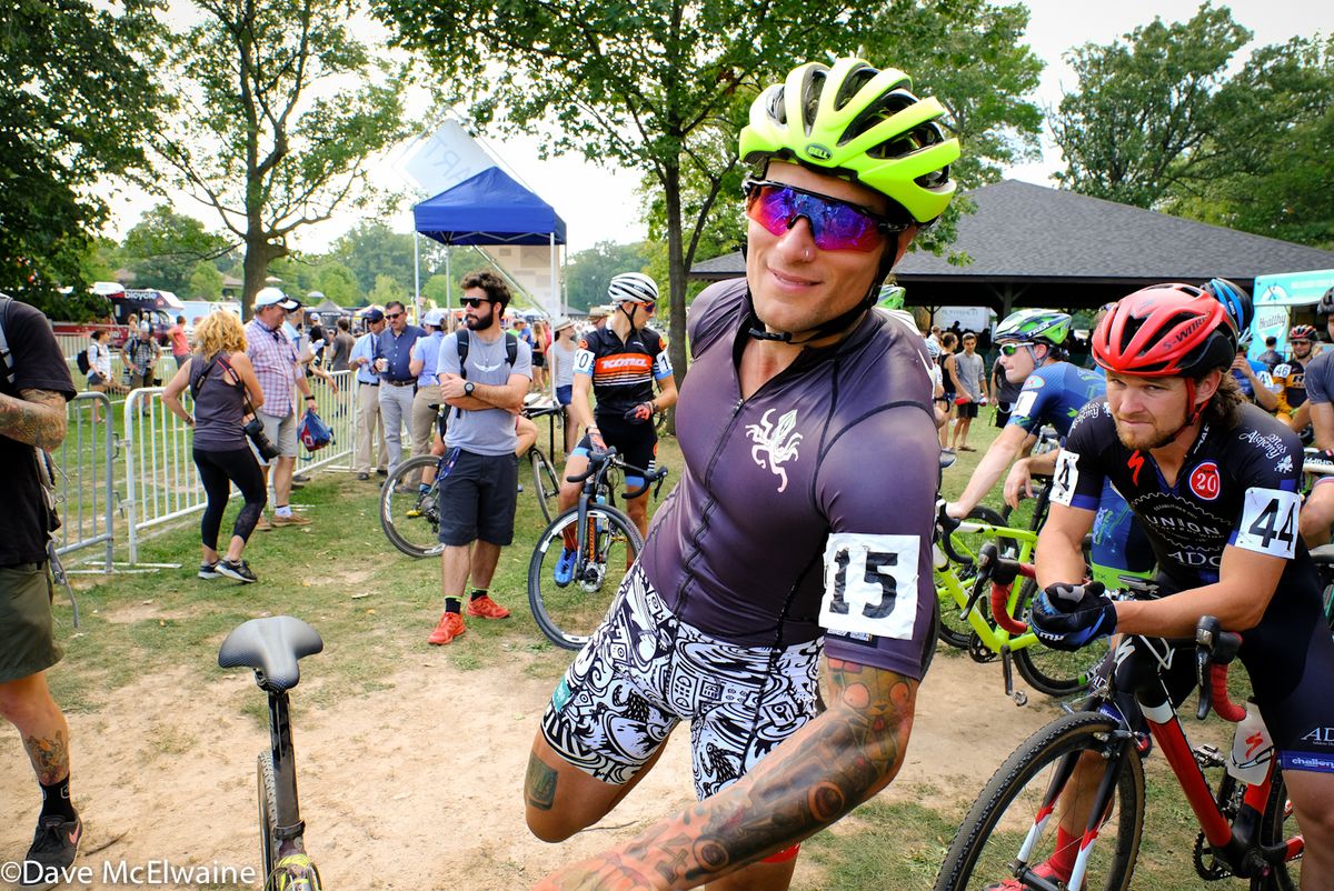 Anthony Clark (Squid Bikes) stretching before the race
