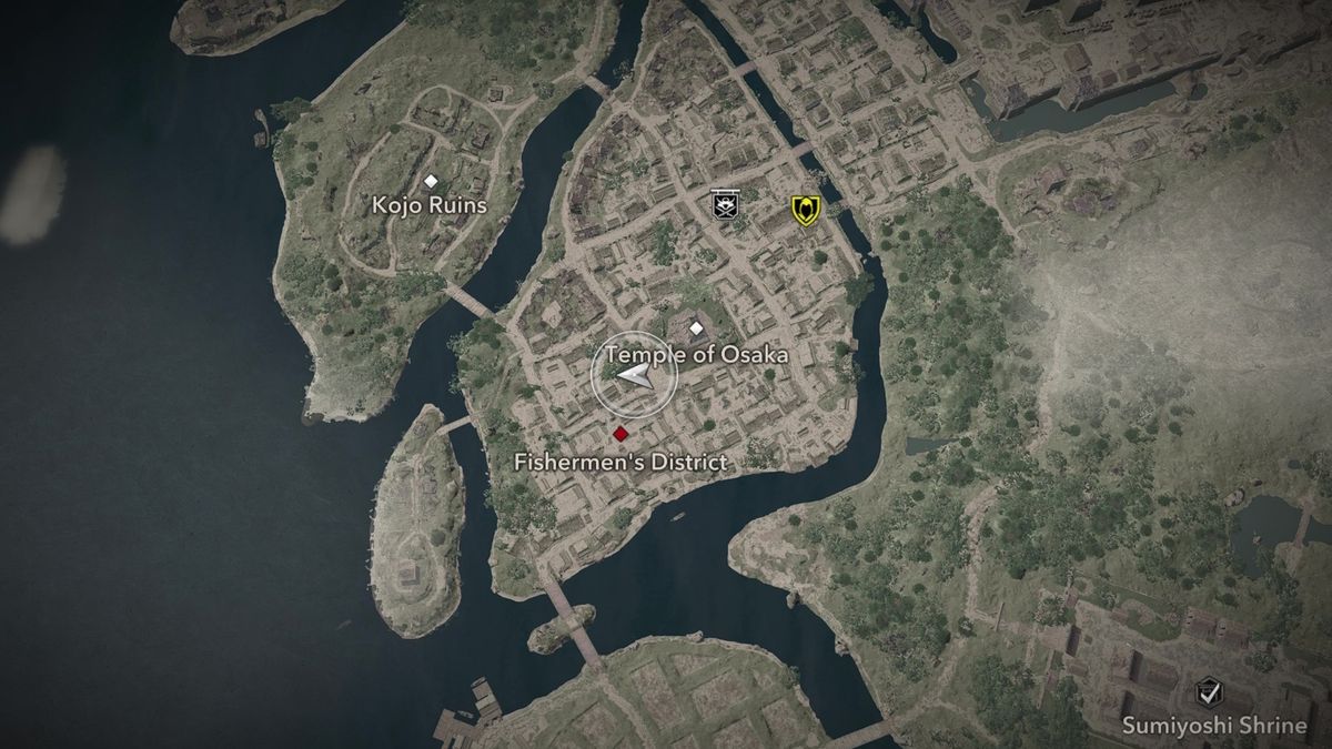 Assassin's Creed Shadows Butterfly Collector locations - A map showing the location of the third butterfly in Osaka.