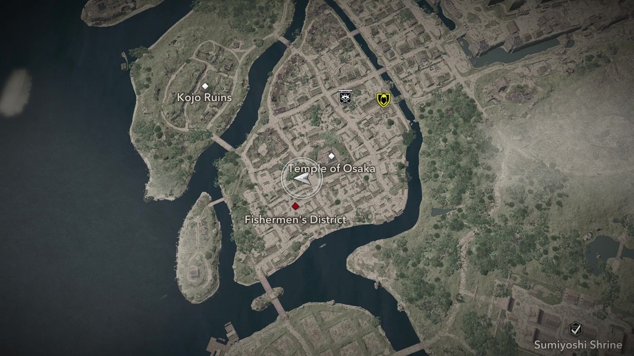 Assassin's Creed Shadows Butterfly Collector locations - A map showing the location of the third butterfly in Osaka.