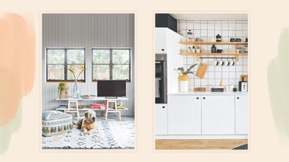 Collage image with a pale grey living room with a TV and dog on the rug next to a white tiled kitchen