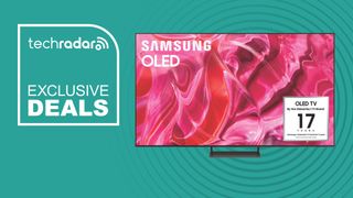 Samsung S90C TV on a cyan background with "Exclusive Deals" text in white