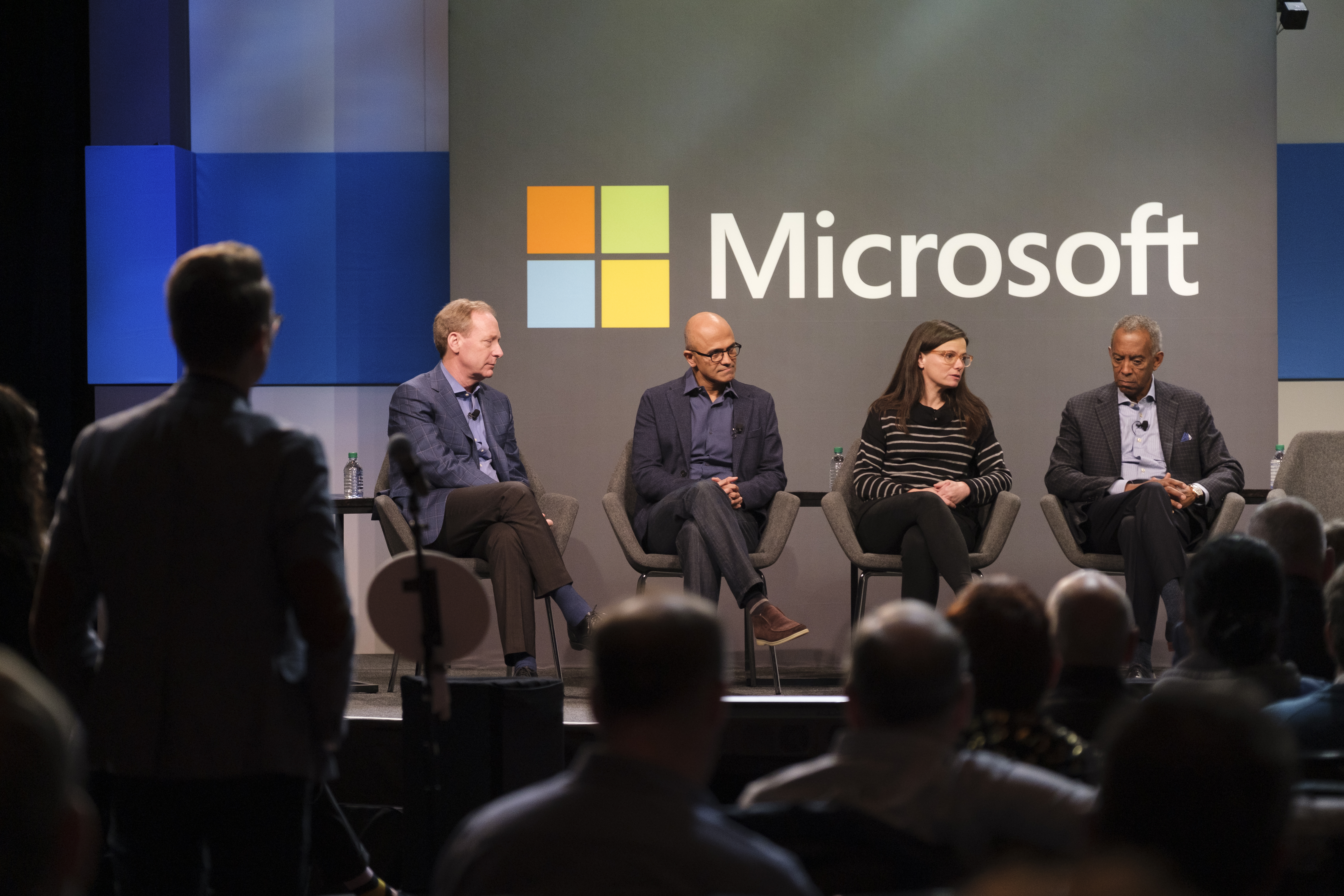 Microsoft CEO Satya Nadella, with CFO Amy Hood and Microsoft President Brad Smith