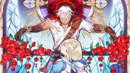 BrownDust2 art of stained glass mural with princess warrior in blue dress 