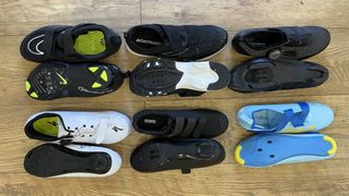 The best indoor cycling shoes shown in pairs face up and down on a wooden floor