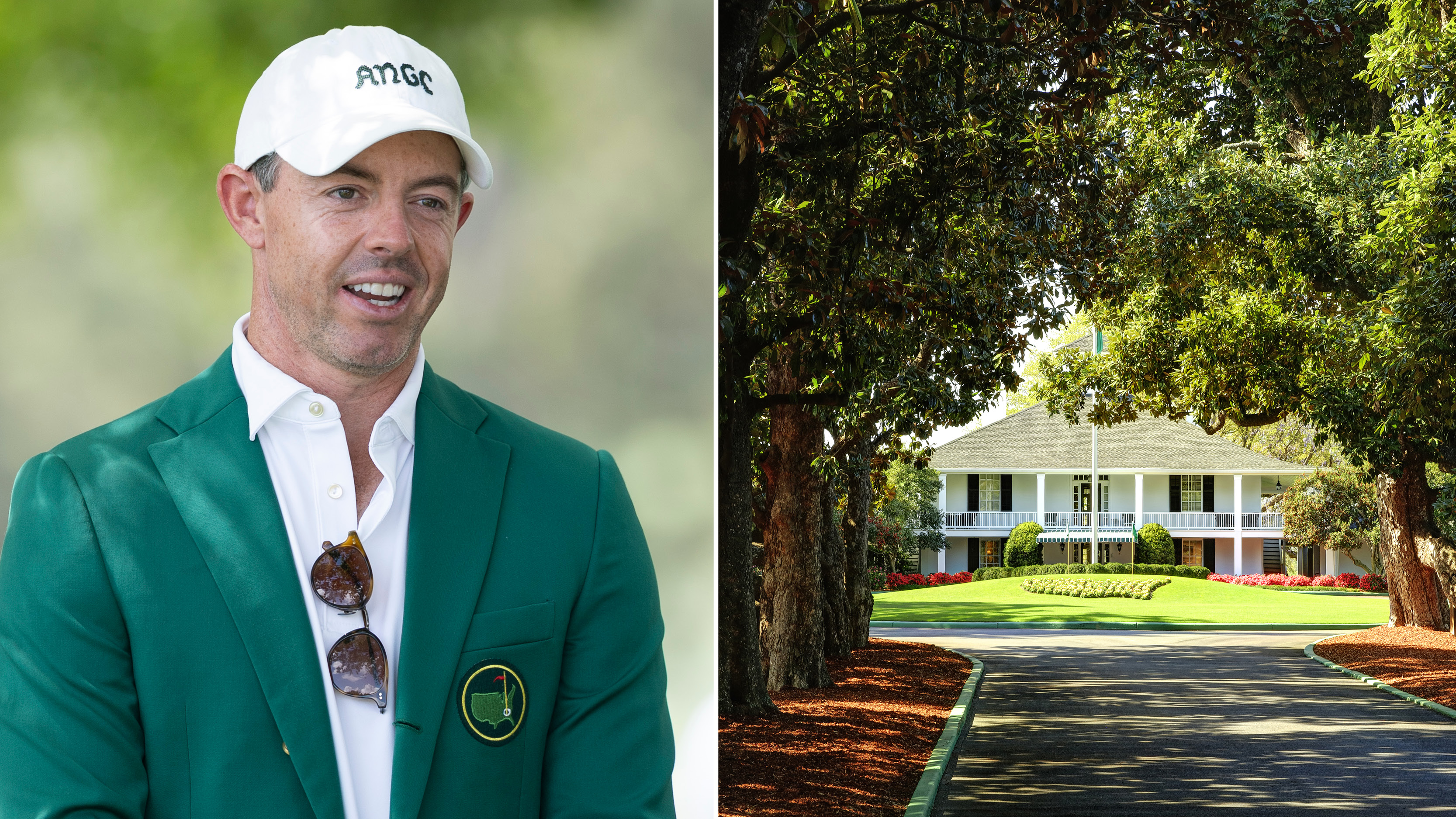 Rory McIlroy wearing his Masters green jacket and a look down Magnolia Lane at the Augusta National clubhouse