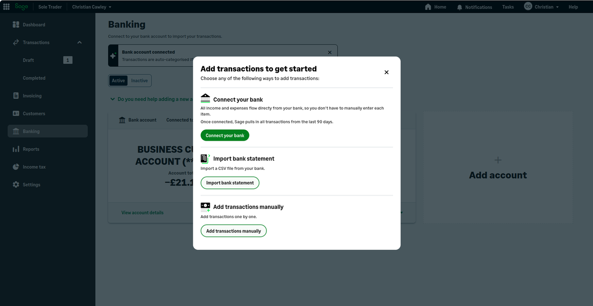 Screenshot of Sage Sole Trader