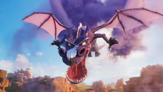 A still from Storm Crashers, one of December's new Hulu movies, showing a big purple dragon flying through the sky, looking angry