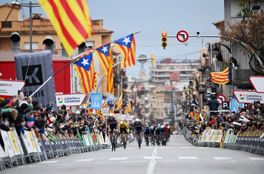 Matthew Brennan hunting down Tibor Del Grosso to take stage one of the 104th Volta a Catalunya.