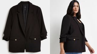 best blazer for women include this plus size black ruched sleeve blazer from River Island with metallic buttons