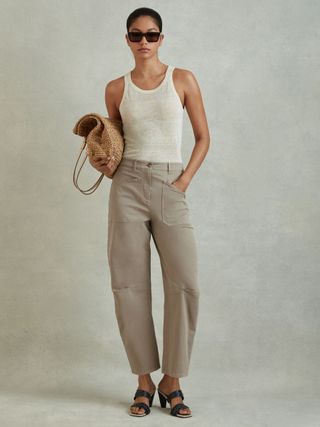 Cotton Blend Barrel Leg Trousers in Olive