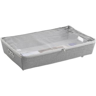 gray under bed storage with wheels, clear top, zippered closure