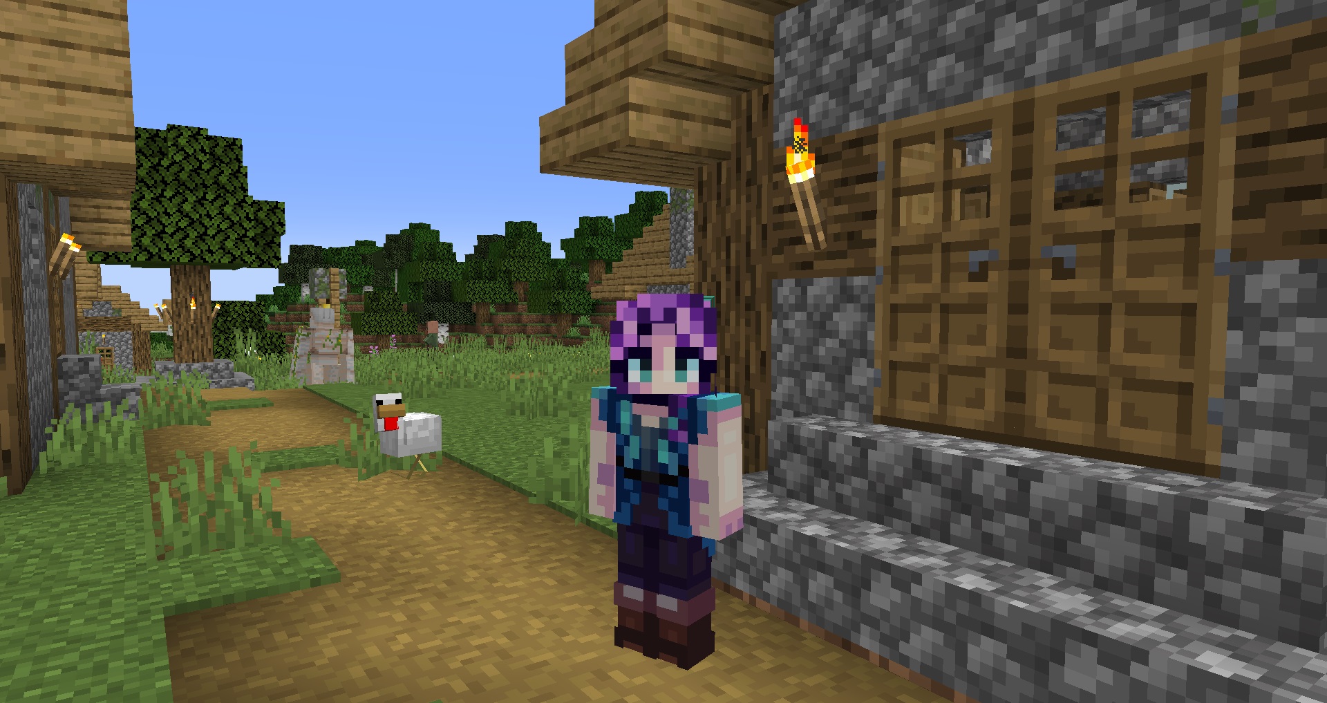 Minecraft skin - Abigail from Stardew Valley stands in front of a village house