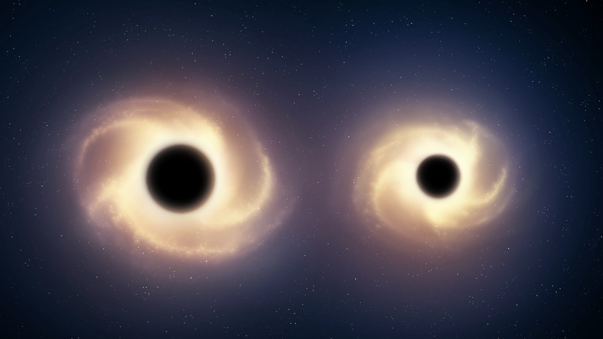 An illustration of two black holes with glowing white light around them in the darkness of space