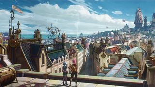 Vi and Jinx stand on a rooftop looking out over Piltover in Arcane season 1