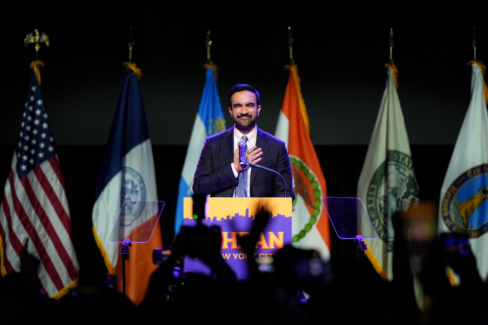Zohran Mamdani, New York City mayoral candidate, during an election night event at The Brooklyn Paramount Theater in the Brooklyn borough of New York, US, on Tuesday, Nov. 4, 2025. Mamdani was elected the 111th mayor of New York in a historic victory that will put an avowed democratic socialist in charge of the city that serves as the capital of global finance.