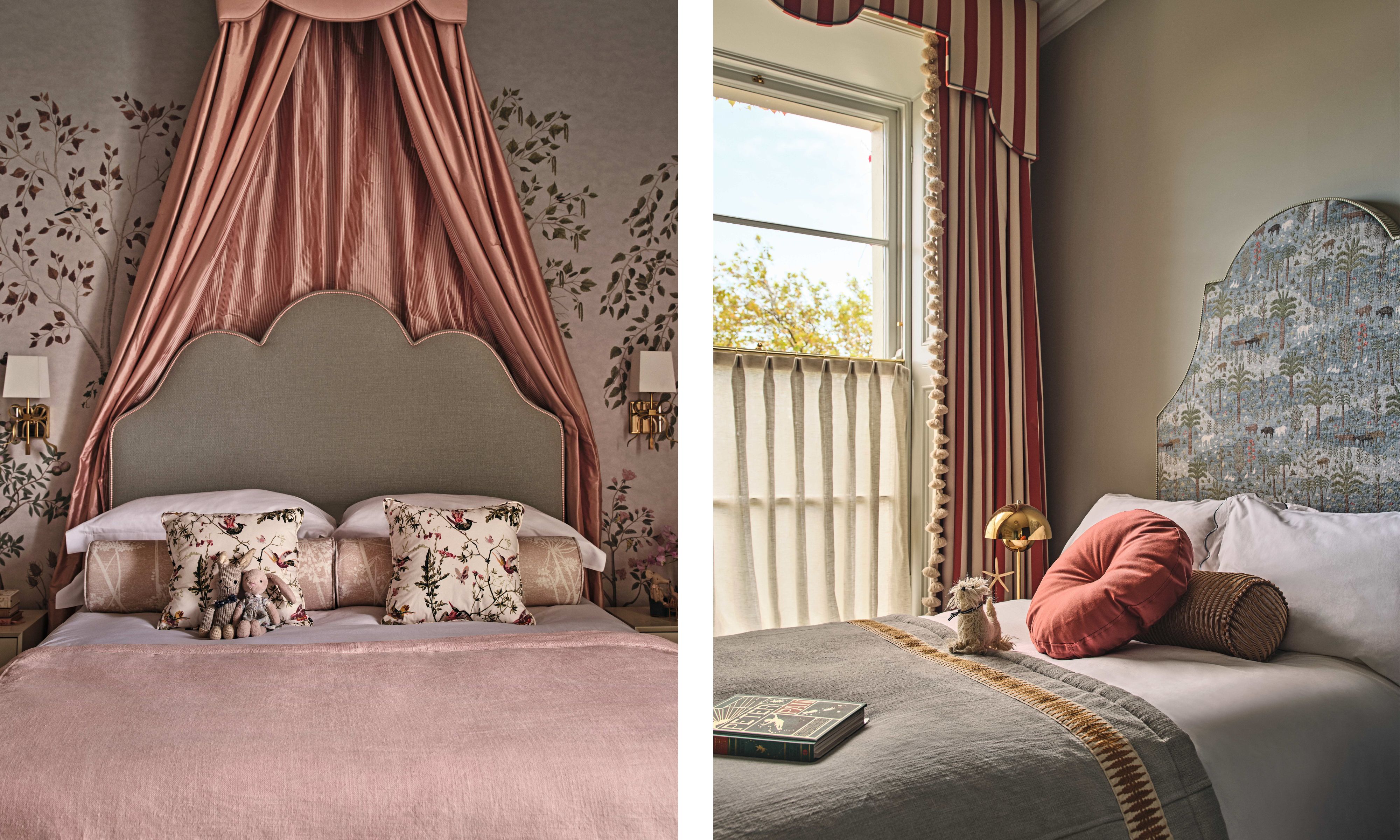 Left image: Girls&#039; bedroom with a whimsical scalloped headboard, pink satin canopy, and floral wallpaper. The bed is styled with floral pillows and soft pink bedding, with stuffed toys. Right image: cozy children&#039;s bedroom with a jungle-themed upholstered headboard and red-and-white striped curtains with pom-pom trim. The bed is styled with a bolster pillow and circular red throw pillow