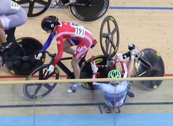 Elena Brezhniva hits the deck in the women's keirin heat