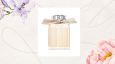 Image of a bottle of Chloe Eau de Parfum in a white rectangle, set against a pale. beige background with fine line and flower details