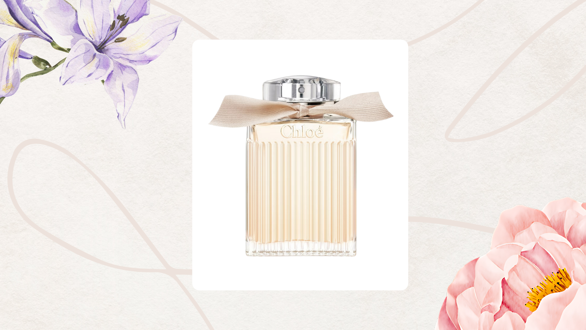 Image of a bottle of Chloe Eau de Parfum in a white rectangle, set against a pale. beige background with fine line and flower details