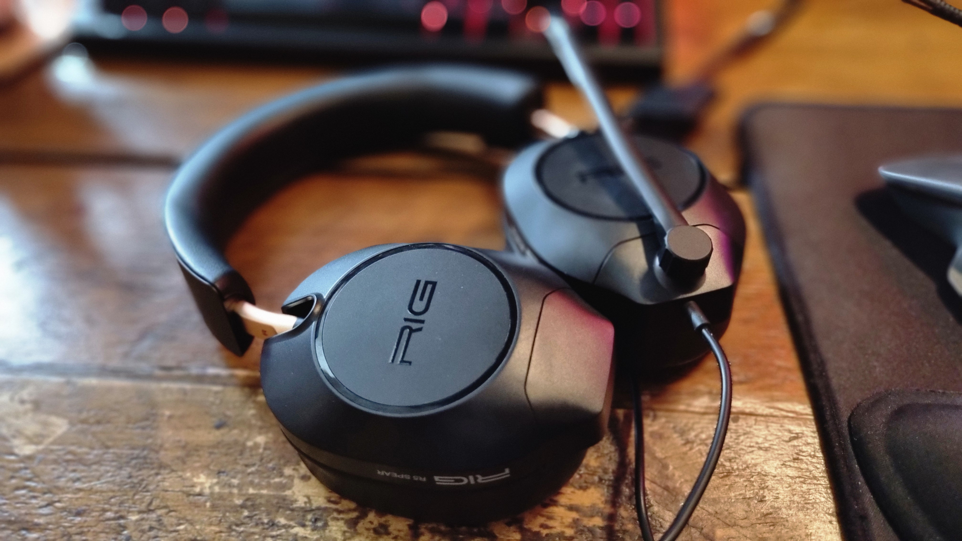 A Rig R5 Spear Max HD gaming headset on a table