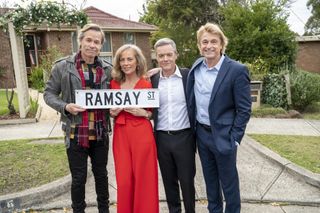 Stefan Dennis (second on right) with Neighbours legends Guy Pearce, Annie Jones and Peter O'Brien.