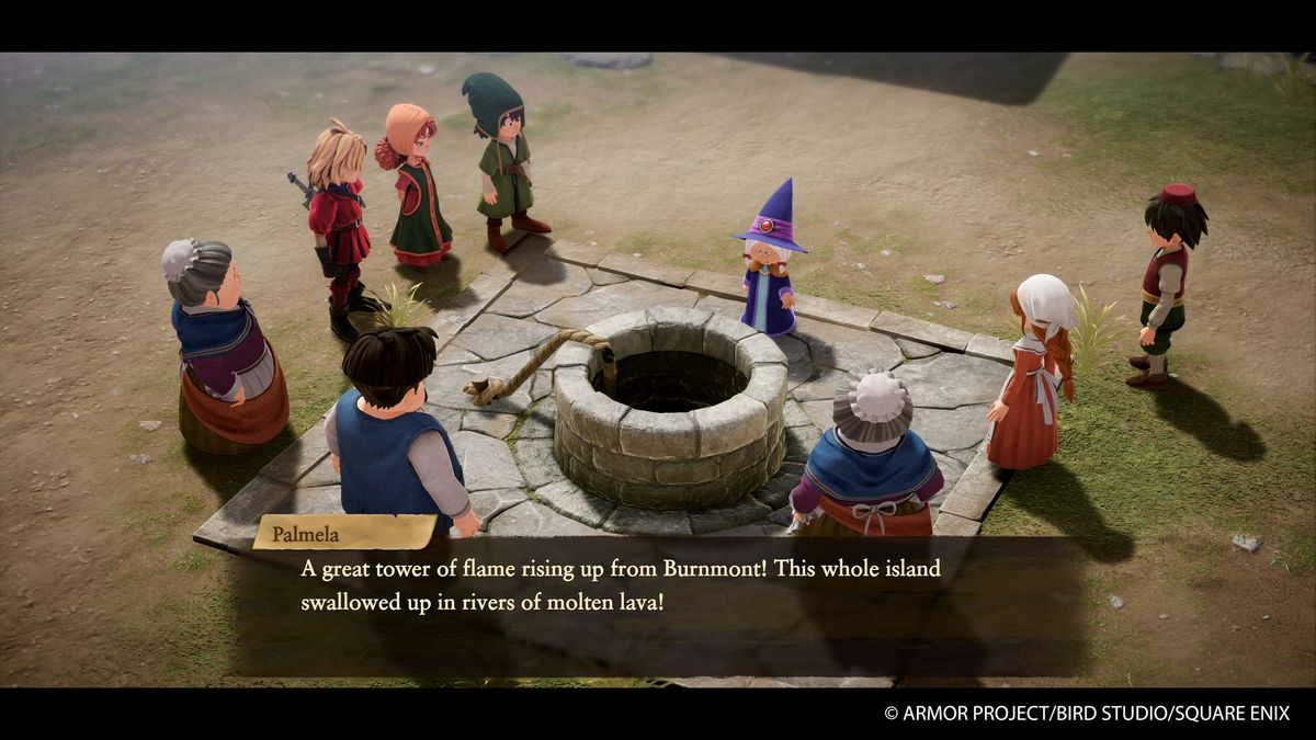A witch gazes into a well in Dragon Quest 7 Reimagined, saying 'A great tower of flame rising up from Burnmont!'