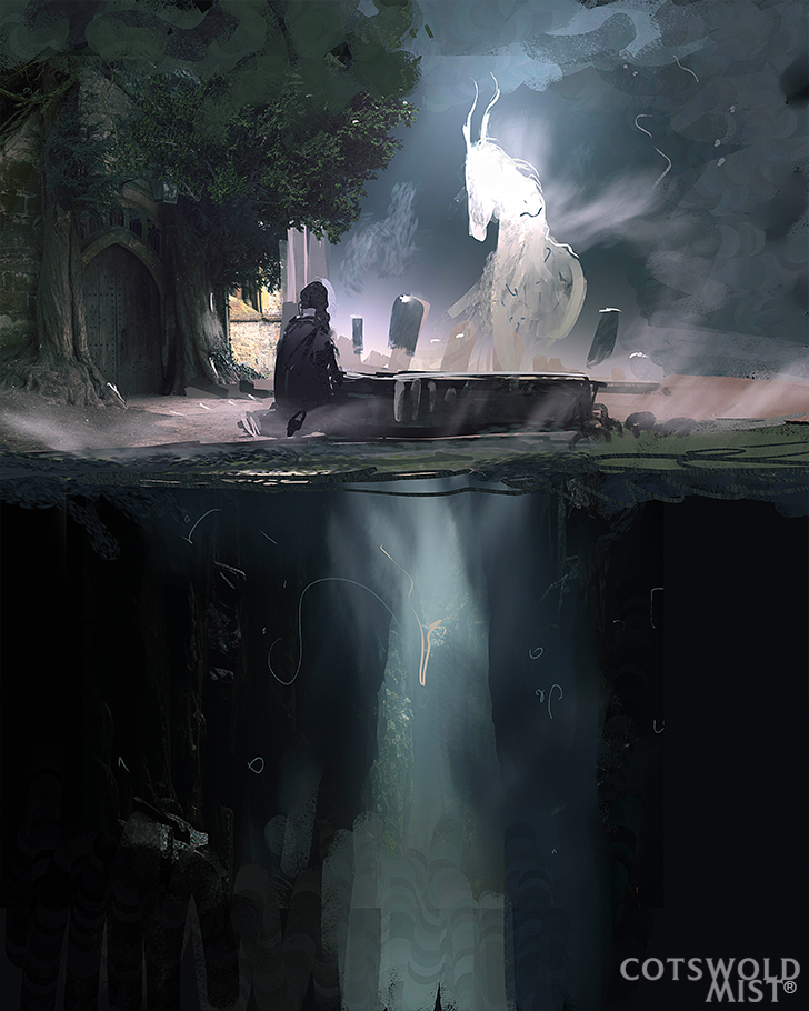 Cotswold Mist; illustrations of a ghostly horse emerging beneath a stone bridge