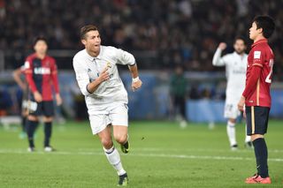 Cristiano Ronaldo celebrates his third goal for Real Madrid against Kashima Antlers in the final of the FIFA Club World Cup in December 2016.