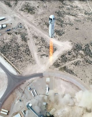 Blue Origin's New Shepard Spacecraft First Step launches on a suborbital spaceflight from West Texas on April 14, 2021.