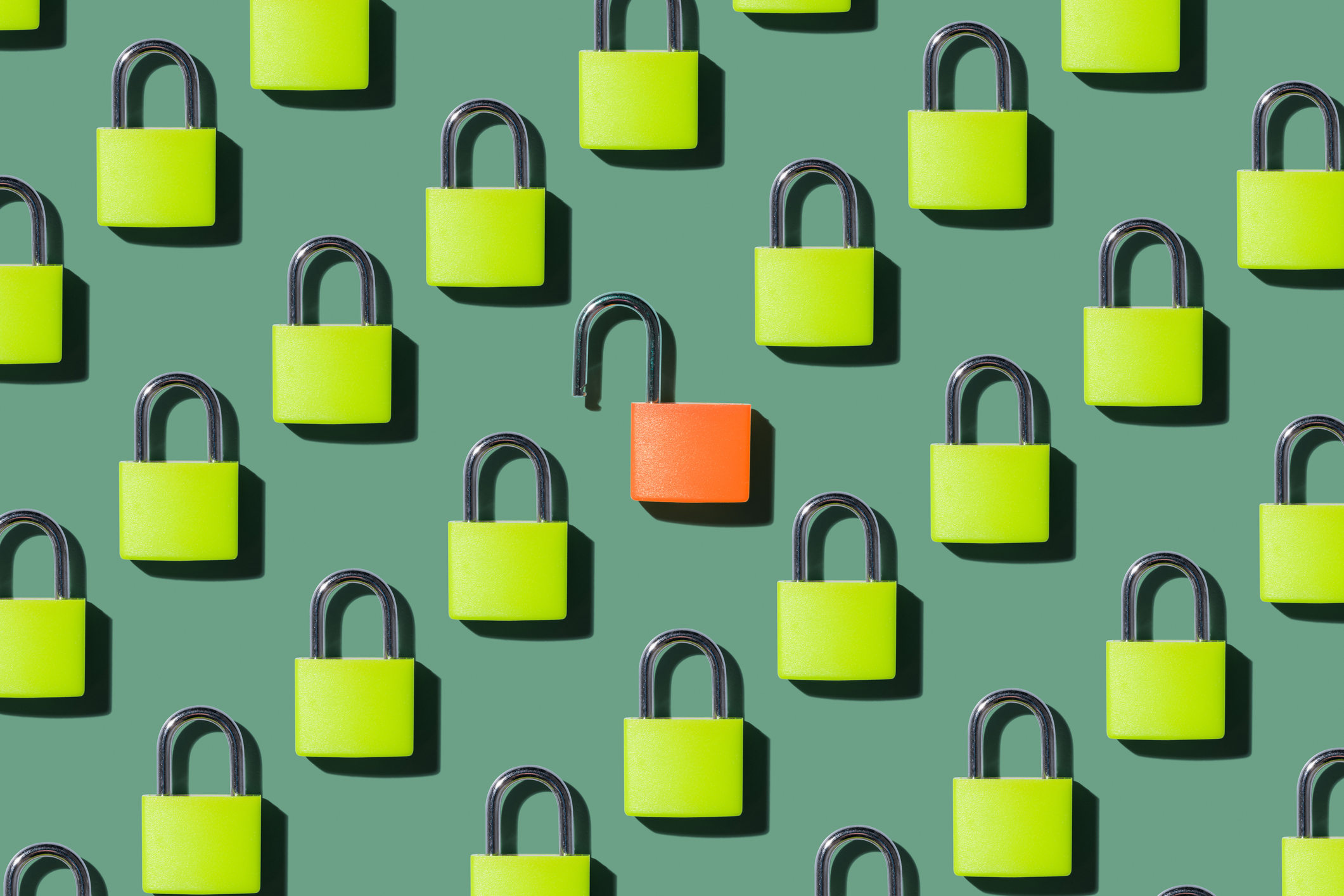 Opened Lock Standing Out From Locked Locks, triple lock concept