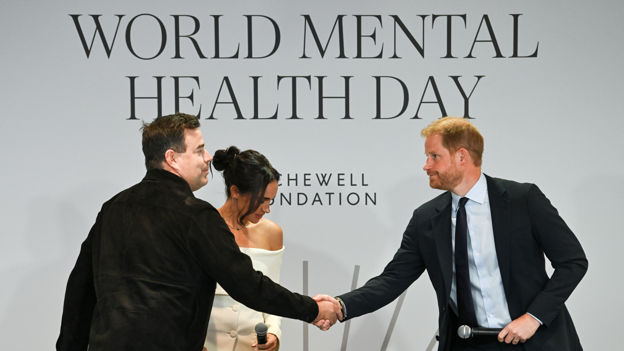 Carson Daly, Meghan, Duchess of Sussex and Prince Harry, Duke of Sussex are seen onstage at The Archewell Foundation Parents’ Summit: Mental Wellness in the Digital Age during Project Healthy Minds&#039; World Mental Health Day Festival 2023 at Hudson Yards on October 10, 2023 in New York City.
