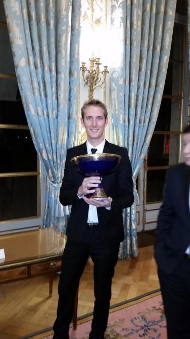 Andy Schleck with the Vase de S&egrave;vres for the 2010 Tour de France.