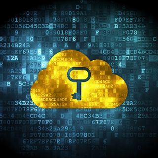 Blue square background with a yellow cloud superimposed, with a cut-out key icon on it to represent cloud security