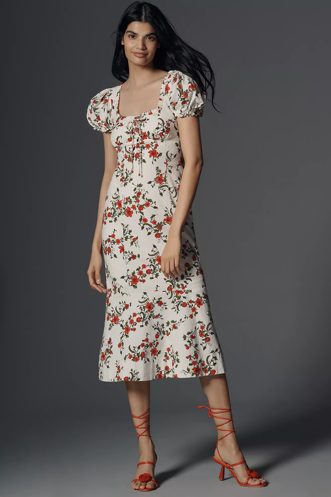 Maeve Linen Blend Puff-Sleeve Sweetheart Midi Dress