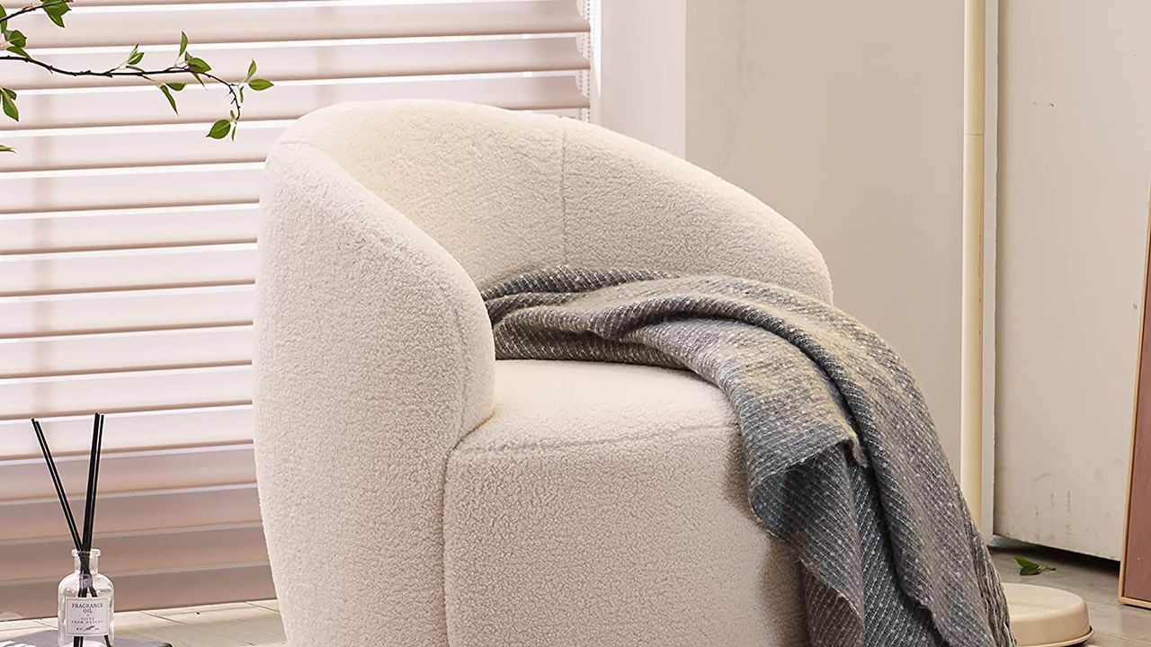 Amazon boucle cream chair with blanket