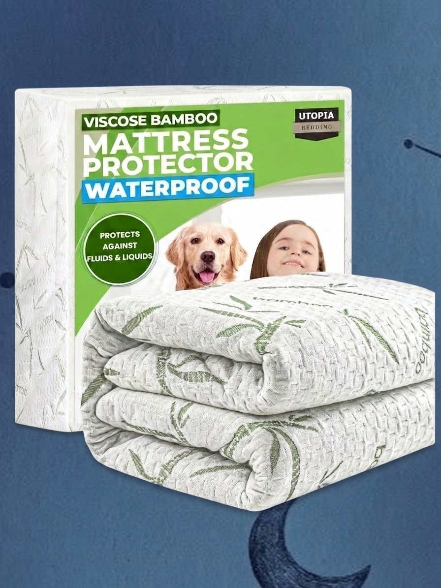 A Utopia Bedding mattress protector folded in front of its packaging against a blue background of stars, edited by Gemini