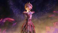 A screencap of the Path of Exile: Mirage expansion trailer. A woman wearing red and white robes crosses her arms to summon a bright light. Her right arm is attached to a chain that is dragged down by something off-screen.