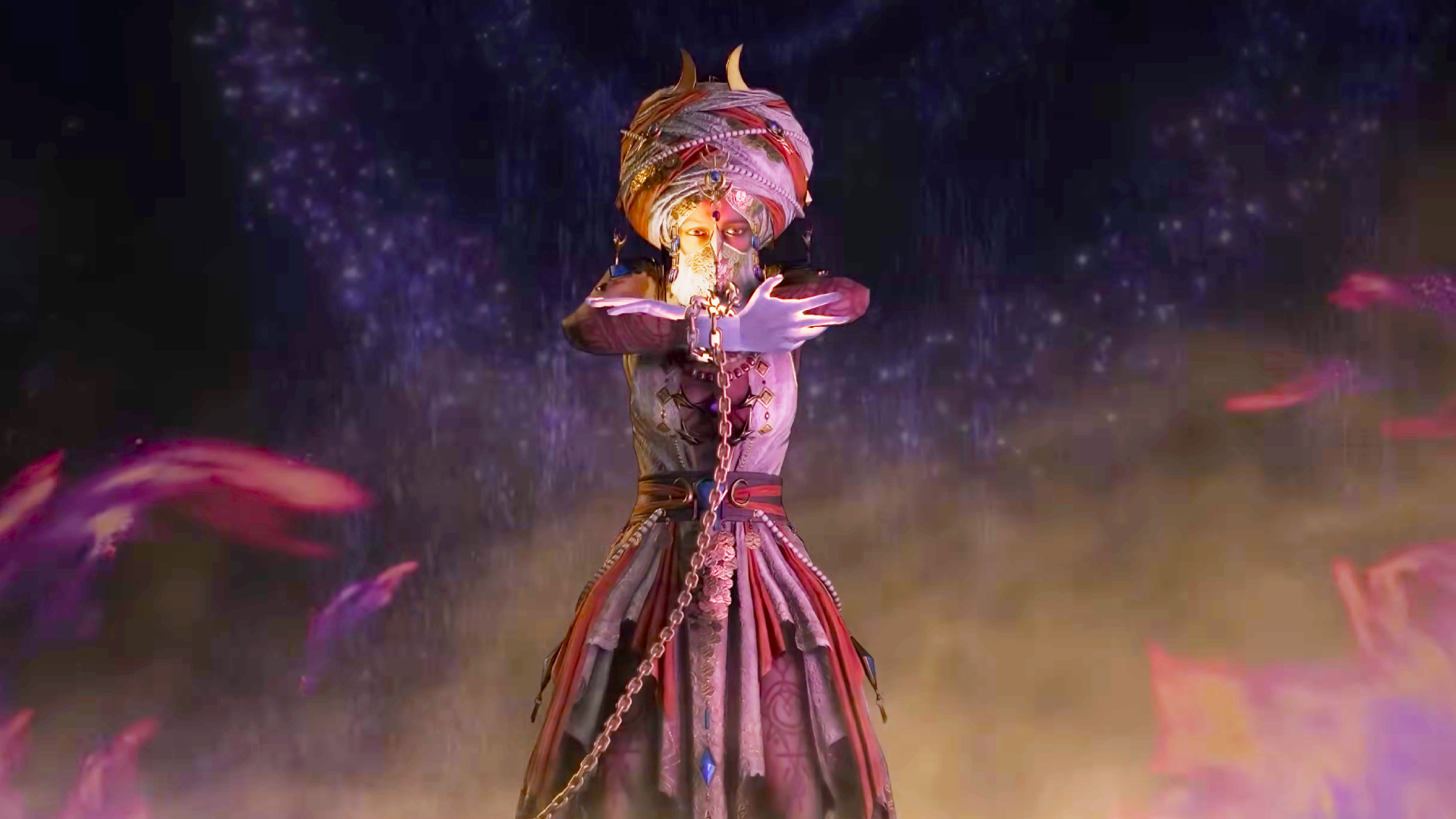 A screencap of the Path of Exile: Mirage expansion trailer. A woman wearing red and white robes crosses her arms to summon a bright light. Her right arm is attached to a chain that is dragged down by something off-screen.