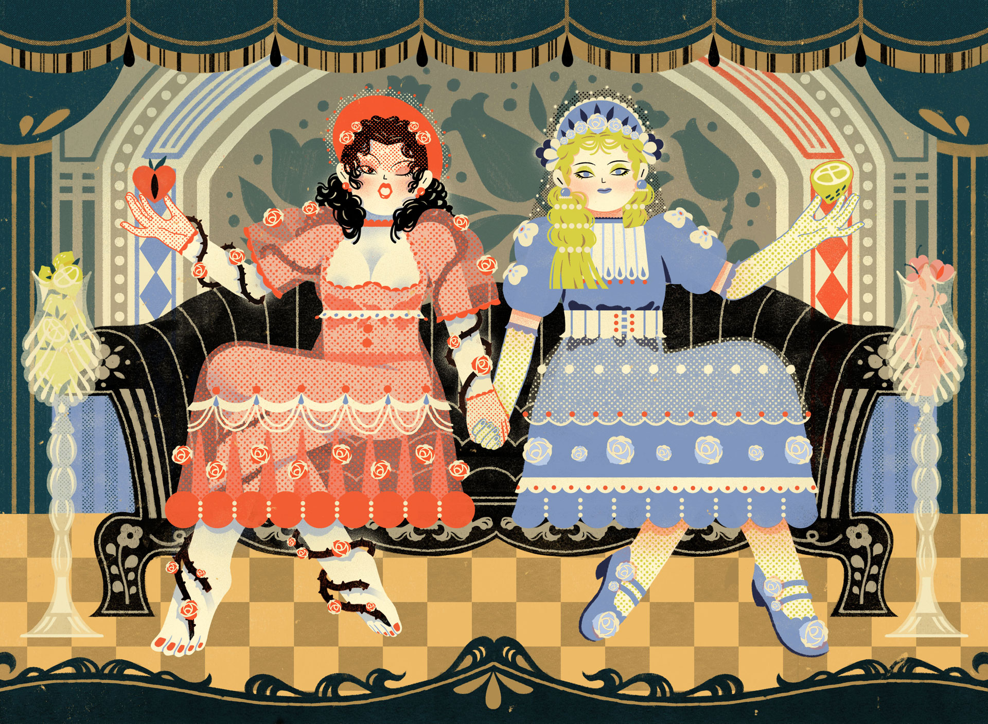 illustrations by Peilin Li showing two women sitting next to each other holding hands