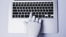 Robotic hand using laptop.