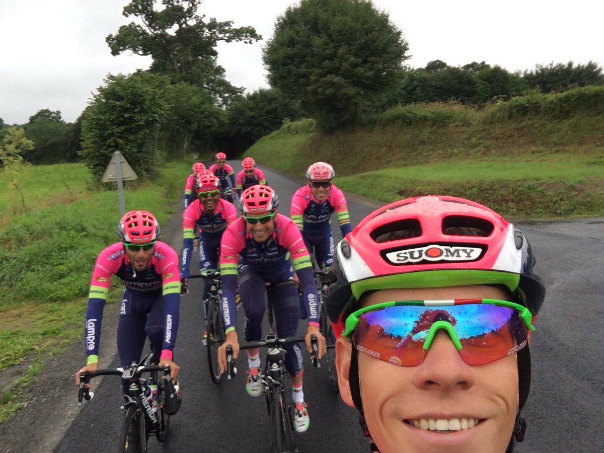 The Lampre-Merida team head out on a training ride