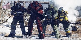 A bunch of people in Power Armor in Fallout 76.