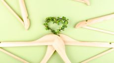 Heart of clothes hangers entwined with plant on green background