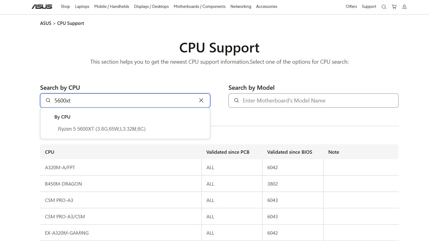 AMD Ryzen 5 5600XT listed on Asus motherboard website