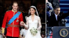 L-R: Prince William and Kate Middleton on their wedding, Barack Obama's 2009 inauguration