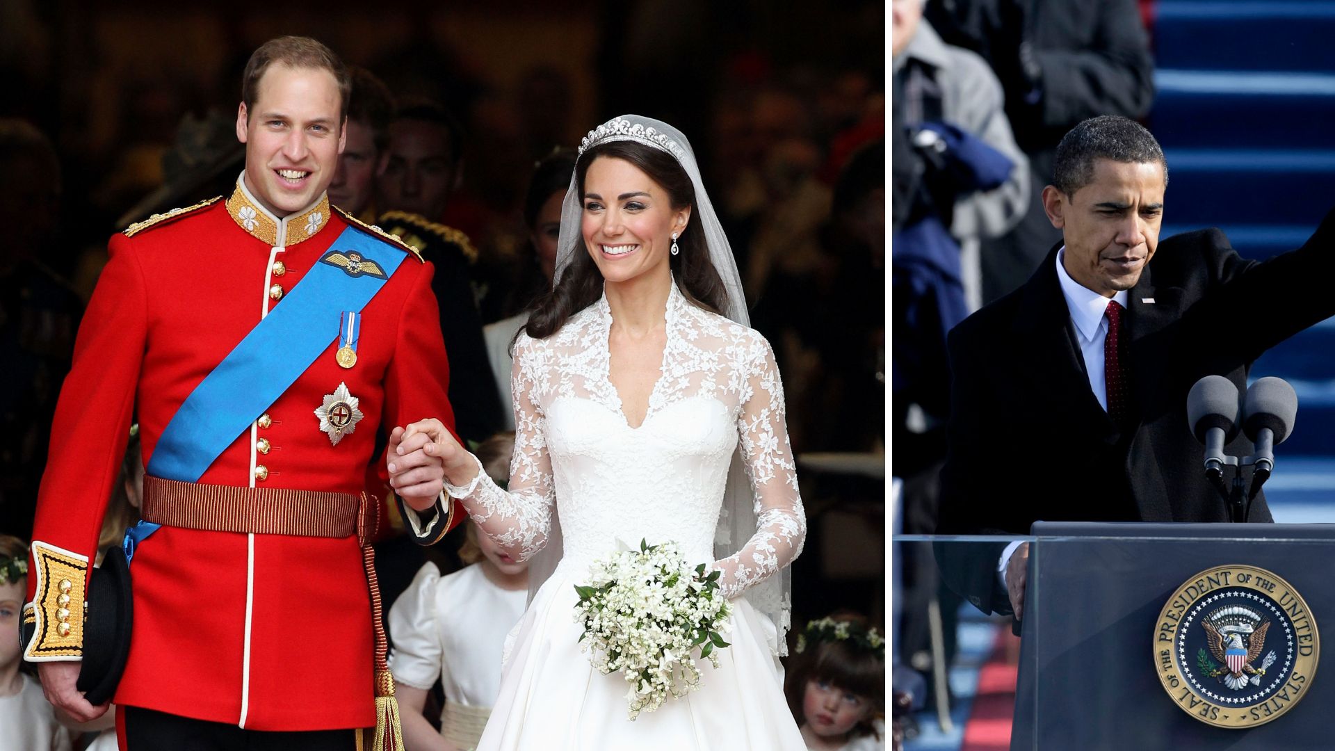 L-R: Prince William and Kate Middleton on their wedding, Barack Obama's 2009 inauguration 
